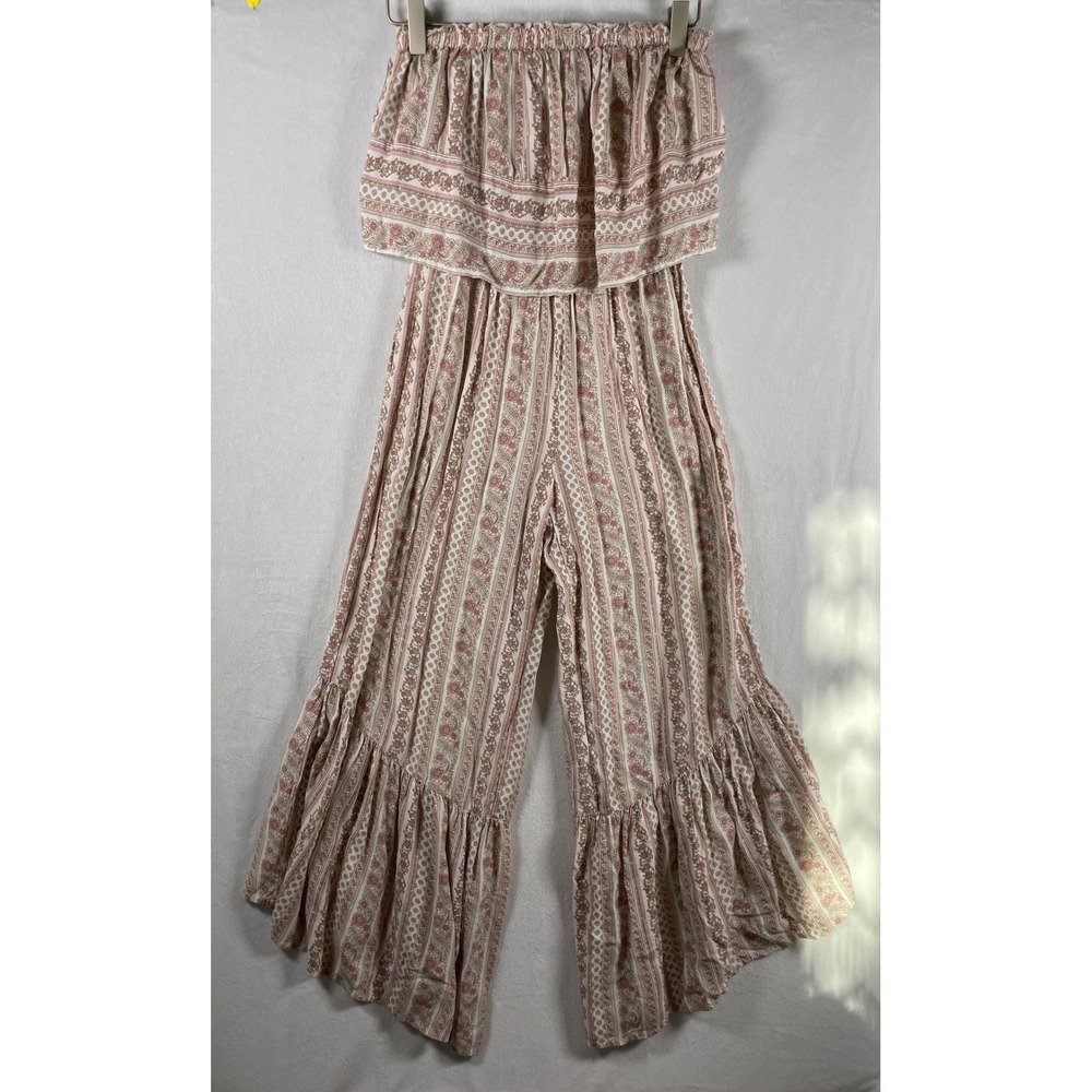 wide leg bloomer jumpsuit festival boho floral XS smocked tube top ruffles